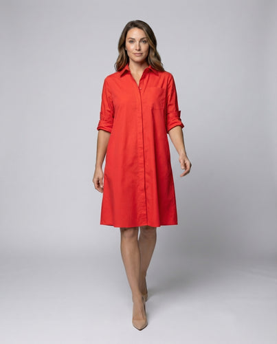 Damen Klassische Dezente Knopfleiste Baumwollpopeline A-Linien-Hemdblusen-Kleid