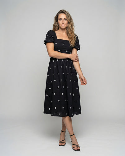 Damen Grafische Quadrat-Print Mischgewebe A-Linien-Midikleid