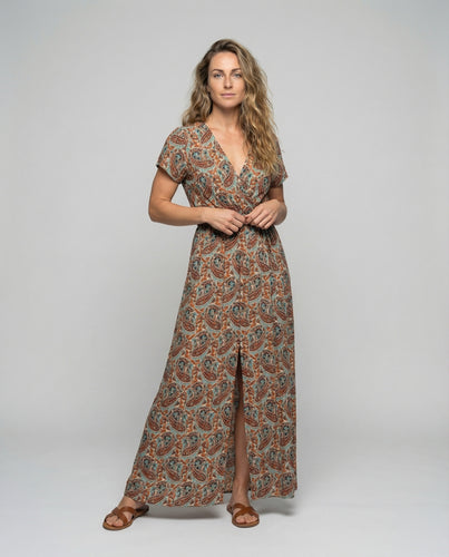 Damen Ethnische Ornamentale Druckbahn Mischgewebe Boho-Langkleid