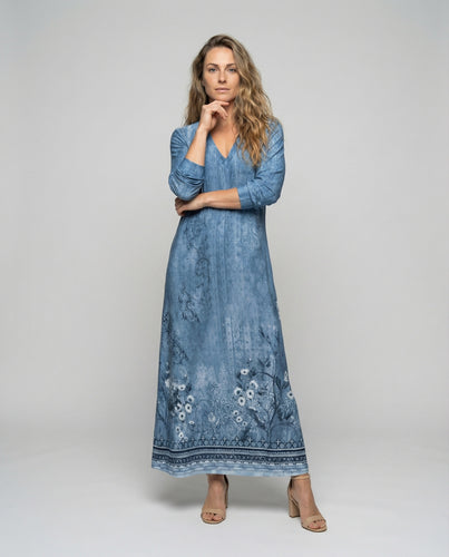 Damen Ethnische Ornamentale Saumbordüre Mischgewebe Boho-Langkleid