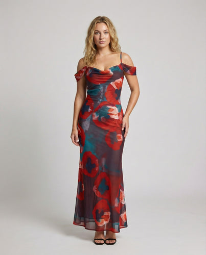 Damen Elegante Wasserfallausschnitt Mischgewebe Maxikleid