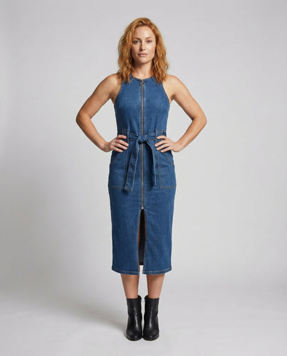 Damen Urbane Durchgehender Reißverschluss Denim Denim-Midikleid