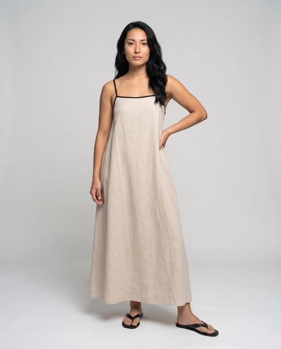 Damen Schlichte Feine Kontrastpaspel Mischgewebe Träger-A-Linien-Kleid