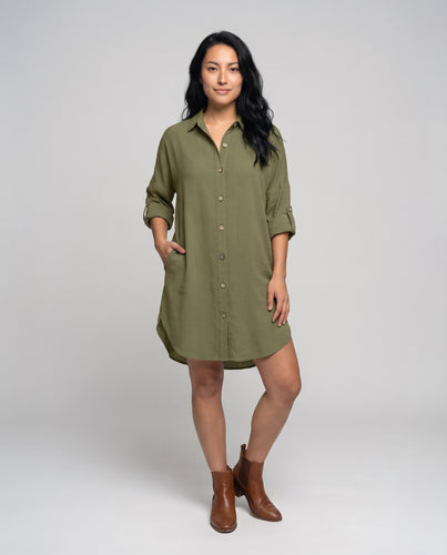 Damen Rustikale Dekorative Holzknopfleiste Leinenoptik Hemdblusenkleid