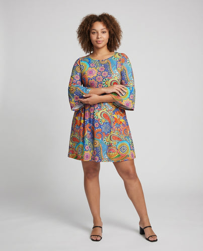 Damen Klassische Schicke Glockenärmel Mischgewebe Paisley-Swingkleid