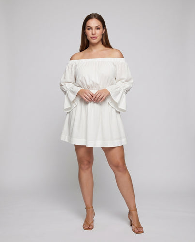 Damen Feminine Elastischer Carmen-Ausschnitt Mischgewebe Kurzkleid