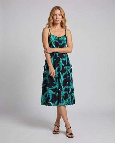 Damen Tropische Tropischer Blattprint Mischgewebe Spaghettiträger-Midikleid