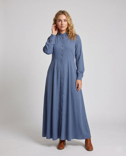 Damen Klassische Weiter Tellerrock Mischgewebe Stehkragen-Maxikleid