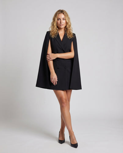 Damen Moderne Verdeckte Doppelknopfleiste Mischgewebe Cape-Blazer-Minikleid