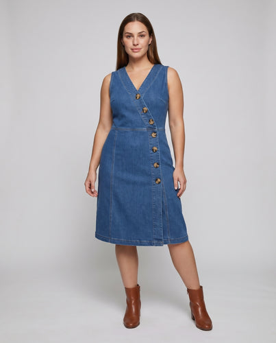Damen Urbane Diagonale Zierknopfleiste Denim Denim-Midikleid