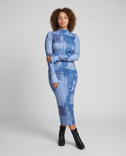 Damen Moderne Digitales Jeanspatch-Muster Baumwollmischung Stretchkleid
