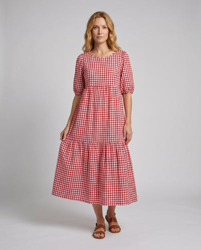 Damen Klassische Mehrlagiger Stufenrock Vichy-Stoff Vichy-Midikleid