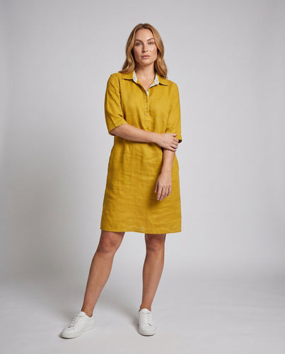 Damen Klassische Halbe Knopfleiste Leinenmix Hemdkleid