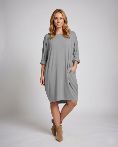 Damen Bequeme Aufgesetzte Taschen-Detail Baumwollmischung Freizeitkleid
