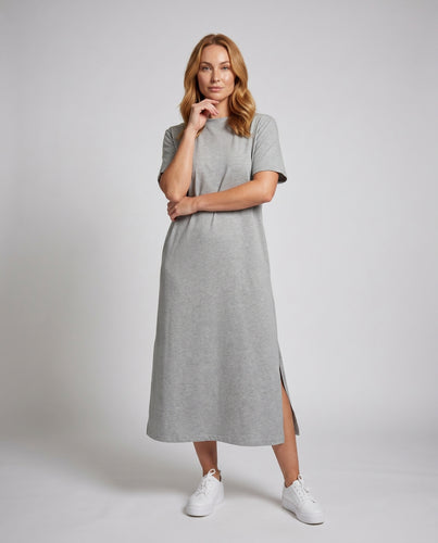 Damen Bequeme Seitlicher Schlitz-Detail Baumwollmix Rundhalskleid