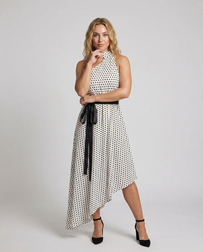 Damen Halter-Maxikleid Punkte Stufensaum Gürtel
