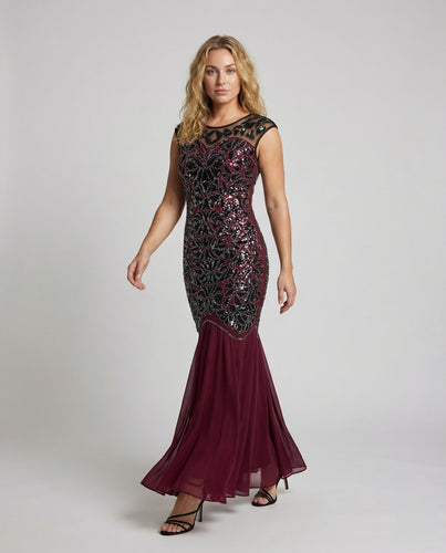 Damen Trompeten-Abendkleid Spitze Illusionspasse Tüll