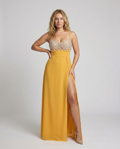 Damen Abendkleid Bustier Spaghettiträger Beinschlitz