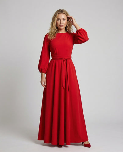 Damen Abendkleid Rundhals 3/4-Arm Bindegürtel Taschen