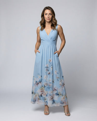 Damen Empire Maxikleid Chiffon Aquarell-Print V-Neck