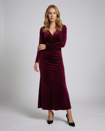 Damen Velours-Maxikleid Wickel-Optik V-Ausschnitt