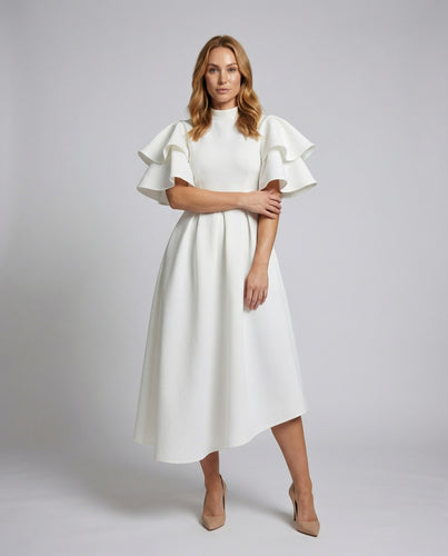 Damen Midi-Stufenkleid Stehkragen Volantärmel