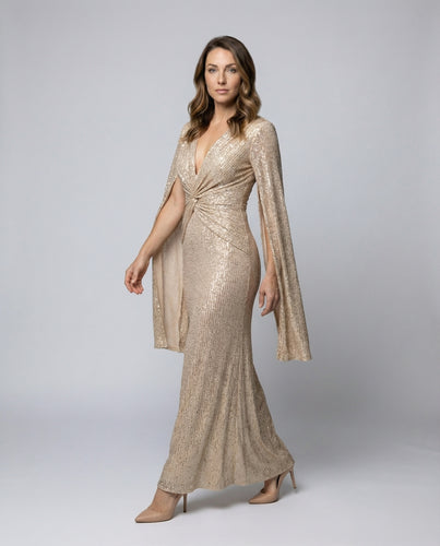 Damen Pailletten-Maxikleid V-Ausschnitt Stola-Ärmel