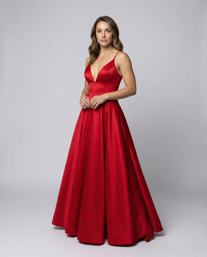 Damen A-Linien Satin-Ballkleid V-Ausschnitt Spaghettiträger