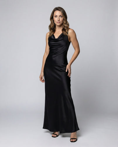 Damen Satin-Bleistiftkleid Midi Wasserfall-Ausschnitt