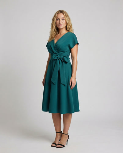 Damen Wickel-Midikleid A-Linie Bindegürtel