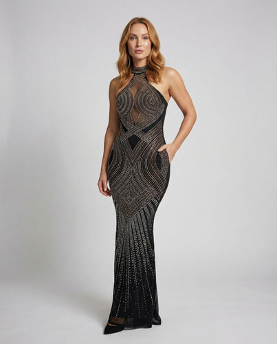 Damen Couture-Bodycon-Kleid Strass-Netz Illusion