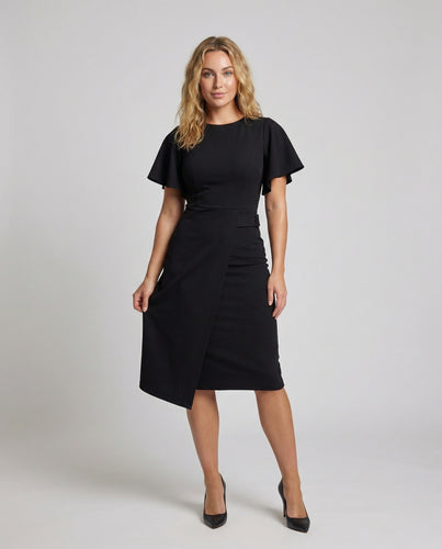 Damen Midi-Wickelkleid Volantärmel Figurbetont