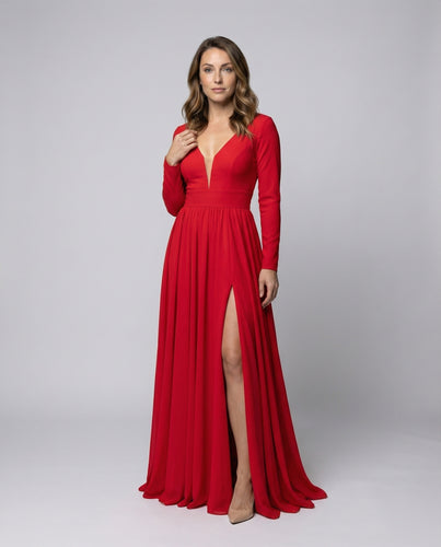 Damen Maxikleid V-Ausschnitt Drapierung Beinschlitz