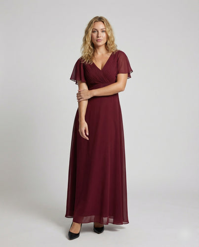 Damen Maxikleid V-Dekolleté Flügelärmel Taillenpasse