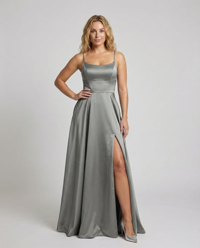 Damen Satin-Maxikleid Spaghettiträger Frontschlitz Taschen