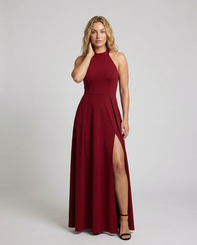 Damen Halter-Maxikleid Stehkragen Oberschenkelschlitz