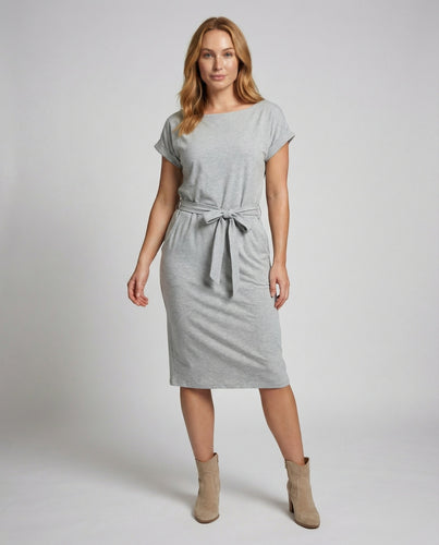 Damen Jerseykleid Knielang Taillengürtel