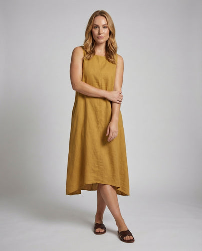 Damen Leinen-Midikleid High-Low Saum Taschen