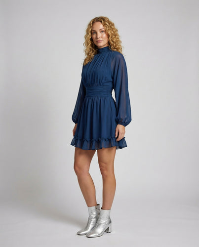Damen Chiffon-Minikleid Stehkragen Volant-Saum