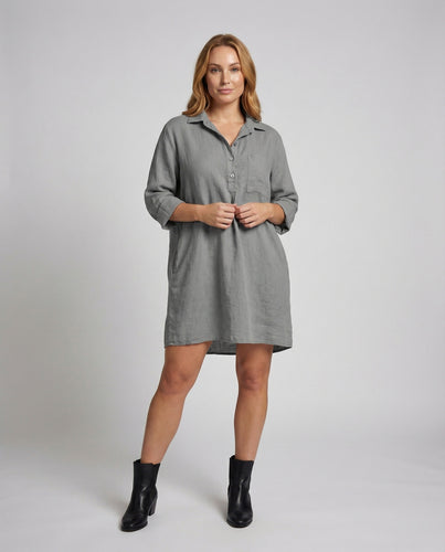 Damen Leinen-Hemdkleid A-Linie Umlegekragen