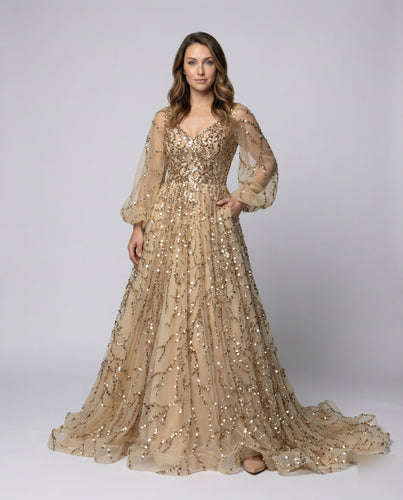 Damen Tüll-Abendkleid Stickerei Ballonärmel Schleppe
