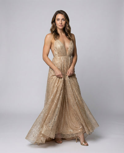 Damen Gala-Tüllkleid V-Front Pailletten-Optik