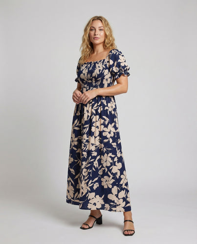 Damen Maxikleid Puffärmel Smok-Büste