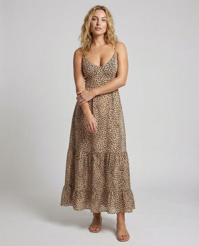 Damen Maxikleid Leopardenmuster Schnürrücken