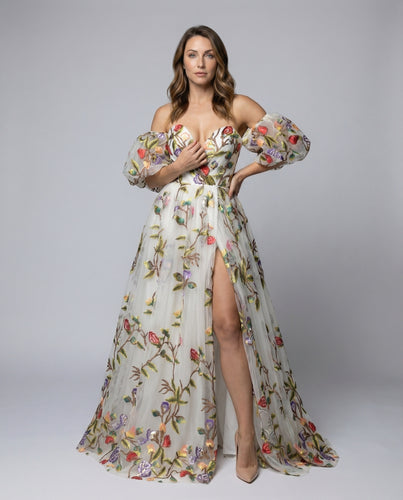 Damen Tüll-Ballkleid Stickerei Ballonärmel Schlitz
