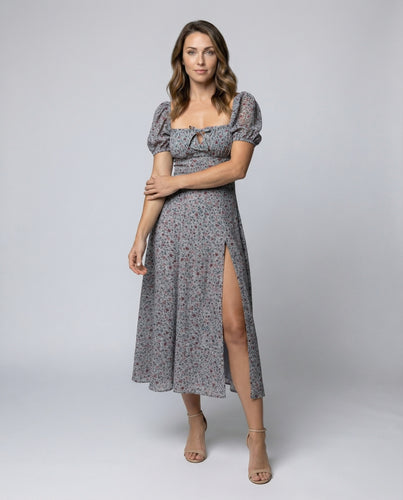 Damen Maxikleid Carmen-Ausschnitt Beinschlitz