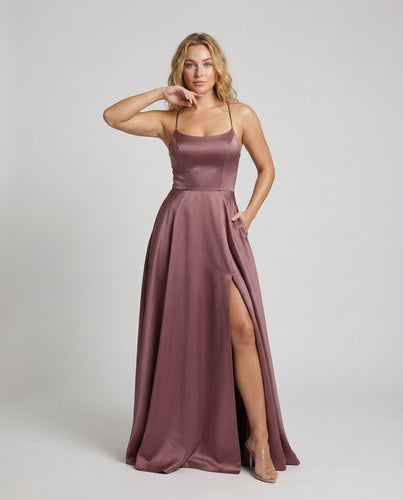Damen Satin-Maxikleid Spaghettiträger Oberschenkelschlitz