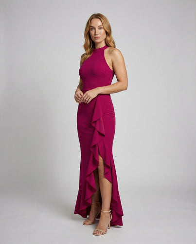 Damen Abendkleid Neckholder Volant-Schlitz