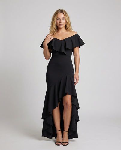Damen Off-Shoulder Abend-Maxi Carmen-Volant Stufen