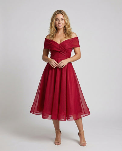 Damen Off-Shoulder Midikleid Wickel-Bustier Tellerrock